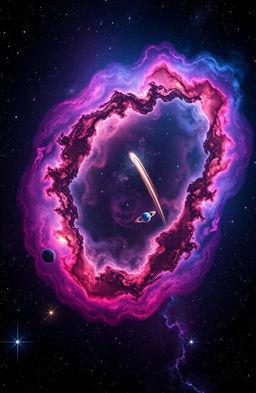 A breathtaking view of outer space, showcasing a vibrant galaxy filled with swirling nebulae in various colors like pink, blue, and purple