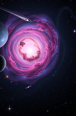 A breathtaking view of outer space, showcasing a vibrant galaxy filled with swirling nebulae in various colors like pink, blue, and purple