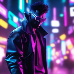 Craft a 4k and HD image of a cool, handsome man with a neon blade, set in a radiant cyberpunk world.