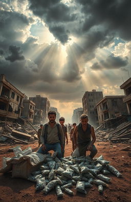 An impactful scene depicting the consequences of war and drug abuse