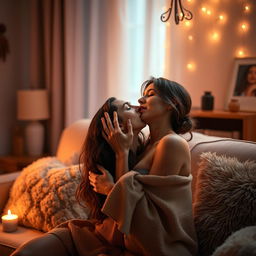 A sensual and intimate scene featuring an adult woman passionately engaging in an act of affection, surrounded by a soft, romantic ambiance