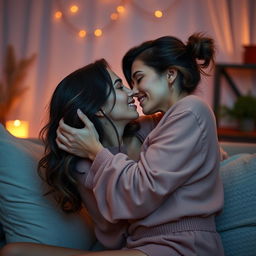 A sensual and intimate scene featuring an adult woman passionately engaging in an act of affection, surrounded by a soft, romantic ambiance