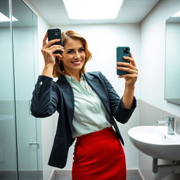 In her 40s, a confident woman adds a touch of fun to her workday with a quick selfie session in the office bathroom