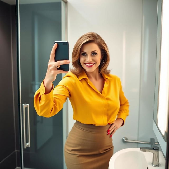 In her 40s, a confident woman adds a touch of fun to her workday with a quick selfie session in the office bathroom