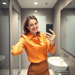 In her 40s, a confident woman adds a touch of fun to her workday with a quick selfie session in the office bathroom