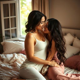 A beautiful and intimate scene depicting two adult women sharing a tender moment together in a cozy, softly lit bedroom