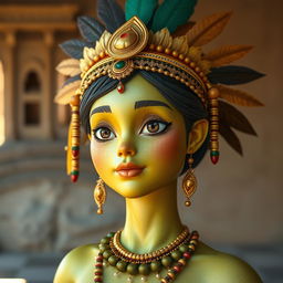A realistic depiction of a feminine avocado character inspired by Aztec culture