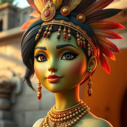 A realistic depiction of a feminine avocado character inspired by Aztec culture