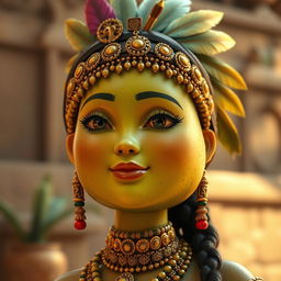 A realistic depiction of a feminine avocado character inspired by Aztec culture