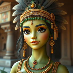 A realistic depiction of a feminine avocado character inspired by Aztec culture