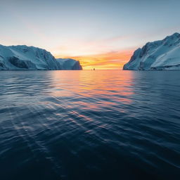 An expansive view of the Barents Sea at sunset, with serene waters stretching towards the horizon