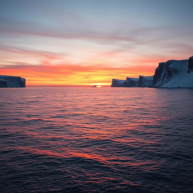 An expansive view of the Barents Sea at sunset, with serene waters stretching towards the horizon