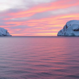 An expansive view of the Barents Sea at sunset, with serene waters stretching towards the horizon