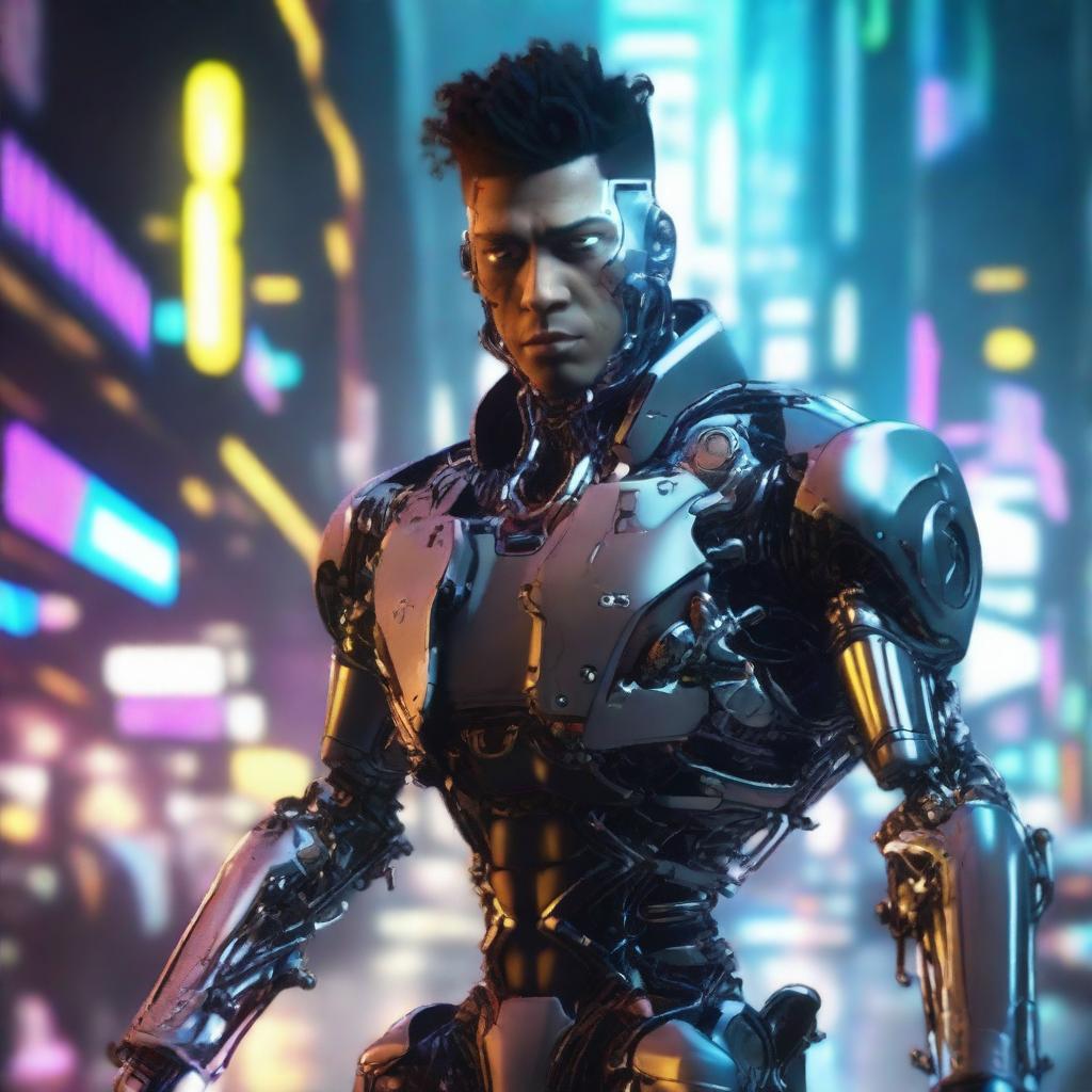 Forge a 4k, HD image of a cool, handsome cyborg in a dynamic cyberpunk environment.