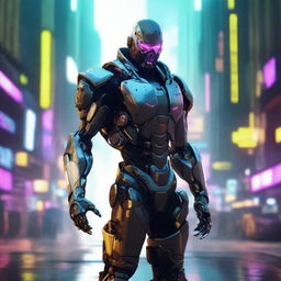 Forge a 4k, HD image of a cool, handsome cyborg in a dynamic cyberpunk environment.