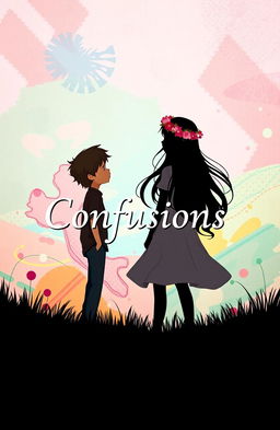 A silhouette of a person in the foreground, featuring a boy and a girl in the background engaged in a moment of confusion, standing together in a whimsical setting