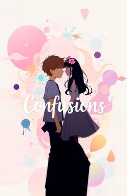 A silhouette of a person in the foreground, featuring a boy and a girl in the background engaged in a moment of confusion, standing together in a whimsical setting