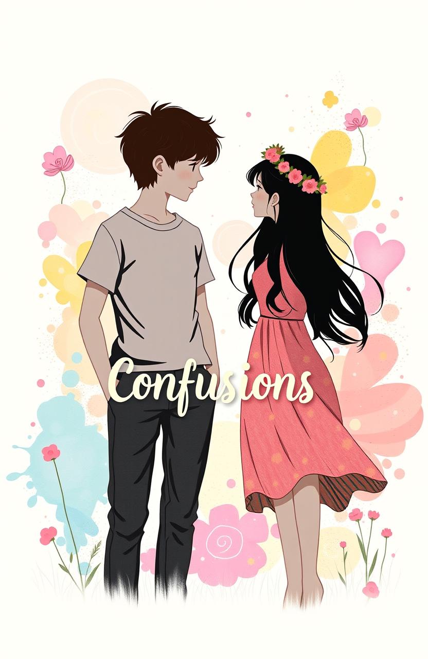 A silhouette of a person in the foreground, featuring a boy and a girl in the background engaged in a moment of confusion, standing together in a whimsical setting