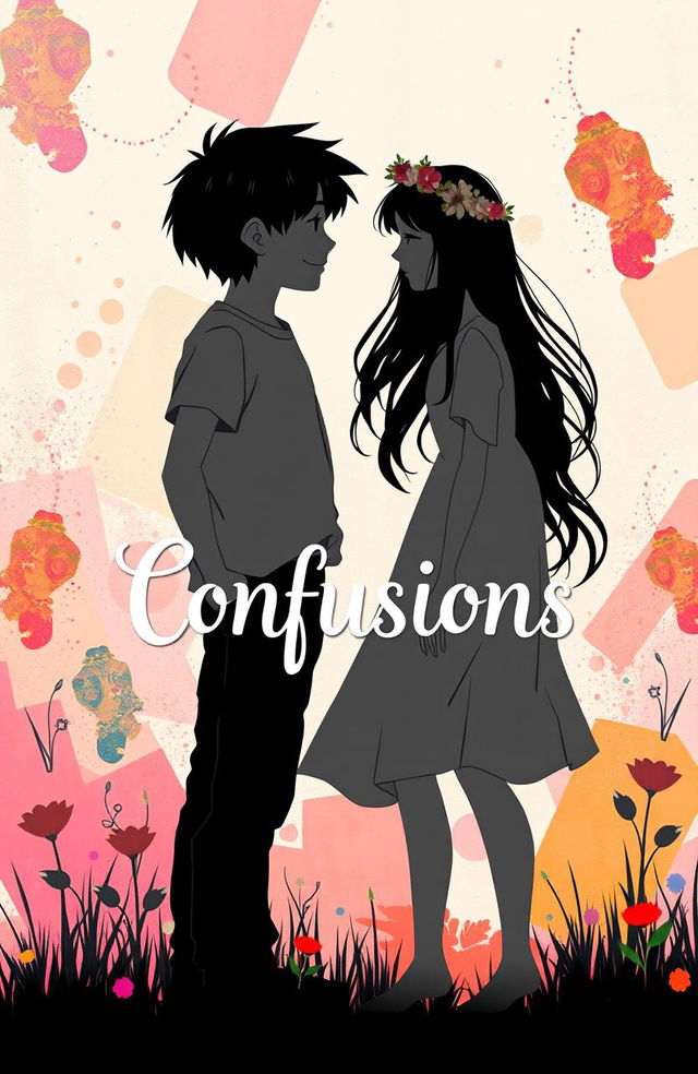 A silhouette of a person in the foreground, featuring a boy and a girl in the background engaged in a moment of confusion, standing together in a whimsical setting