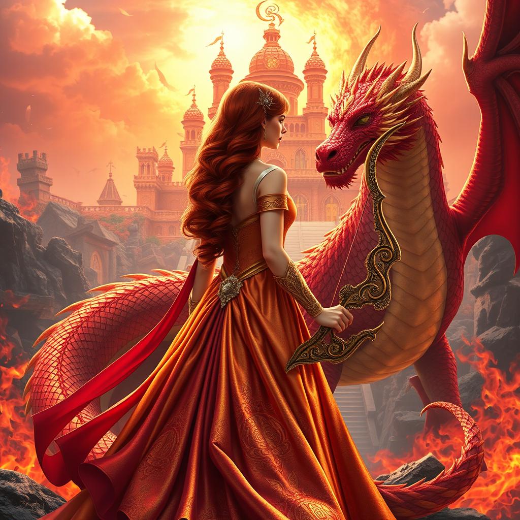 A breathtaking fantasy scene featuring a red-haired princess seen from behind, elegantly dressed in a flowing gown that shimmers in hues of gold and crimson