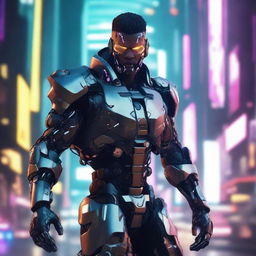 Forge a 4k, HD image of a cool, handsome cyborg in a dynamic cyberpunk environment.