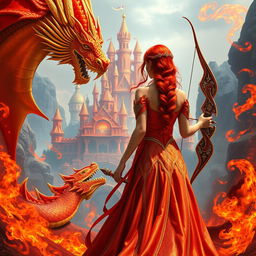 A breathtaking fantasy scene featuring a red-haired princess seen from behind, elegantly dressed in a flowing gown that shimmers in hues of gold and crimson
