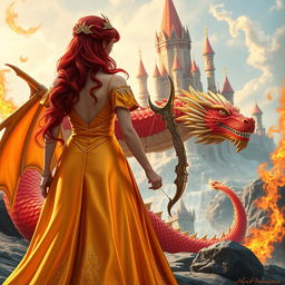 A breathtaking fantasy scene featuring a red-haired princess seen from behind, elegantly dressed in a flowing gown that shimmers in hues of gold and crimson