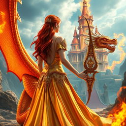 A breathtaking fantasy scene featuring a red-haired princess seen from behind, elegantly dressed in a flowing gown that shimmers in hues of gold and crimson