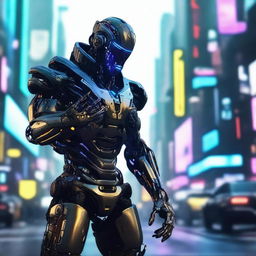 Forge a 4k, HD image of a cool, handsome cyborg in a dynamic cyberpunk environment.