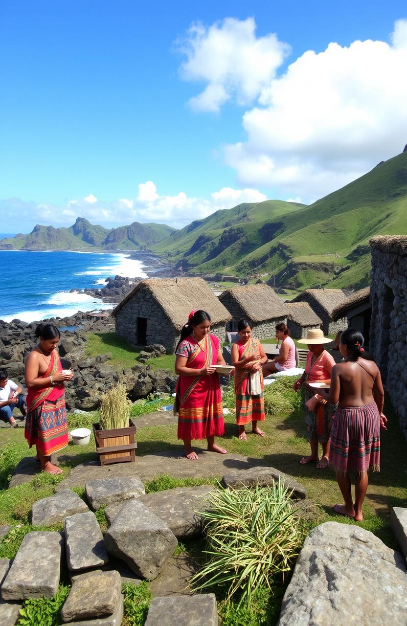 A picturesque view of the Ivatan people on Batanes Island, showcasing their traditional clothing, which includes vibrant woven garments, the unique architecture of stone houses, and the rugged beauty of the landscapes around