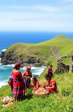 A picturesque view of the Ivatan people on Batanes Island, showcasing their traditional clothing, which includes vibrant woven garments, the unique architecture of stone houses, and the rugged beauty of the landscapes around