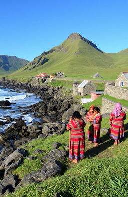 A picturesque view of the Ivatan people on Batanes Island, showcasing their traditional clothing, which includes vibrant woven garments, the unique architecture of stone houses, and the rugged beauty of the landscapes around