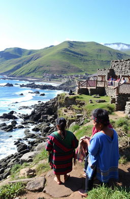 A picturesque view of the Ivatan people on Batanes Island, showcasing their traditional clothing, which includes vibrant woven garments, the unique architecture of stone houses, and the rugged beauty of the landscapes around