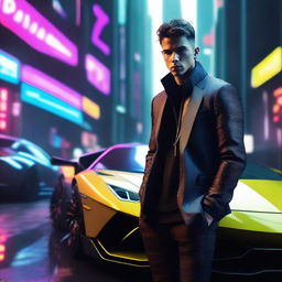 Design a 4k, HD image of a cool, handsome young man alongside a futuristic Lamborghini set in a captivating cyberpunk universe