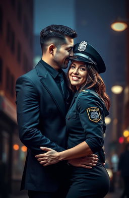 A dramatic scene depicting a romantic encounter between a mafia member and a police officer in an urban setting