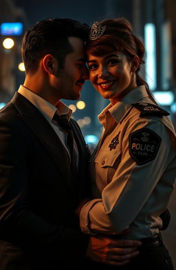 A dramatic scene depicting a romantic encounter between a mafia member and a police officer in an urban setting