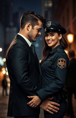A dramatic scene depicting a romantic encounter between a mafia member and a police officer in an urban setting