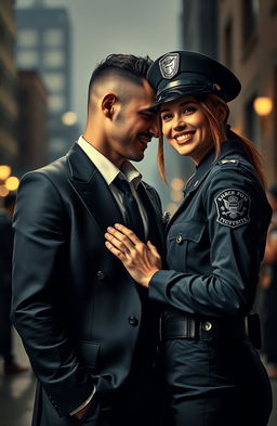 A dramatic scene depicting a romantic encounter between a mafia member and a police officer in an urban setting