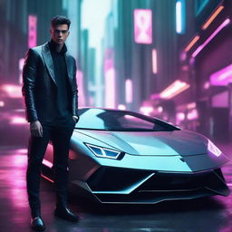 Design a 4k, HD image of a cool, handsome young man alongside a futuristic Lamborghini set in a captivating cyberpunk universe