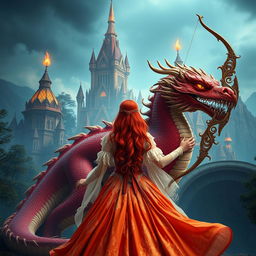 A captivating fantasy scene featuring a red-haired princess seen from behind, adorned in an elaborate gown that flows elegantly behind her