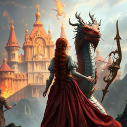 A captivating fantasy scene featuring a red-haired princess seen from behind, adorned in an elaborate gown that flows elegantly behind her