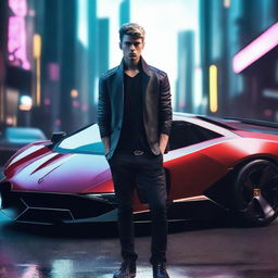 Design a 4k, HD image of a cool, handsome young man alongside a futuristic Lamborghini set in a captivating cyberpunk universe