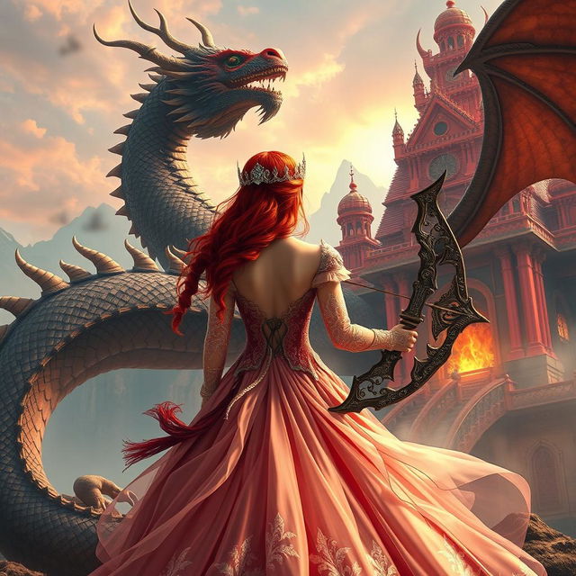 A captivating fantasy scene featuring a red-haired princess seen from behind, adorned in an elaborate gown that flows elegantly behind her