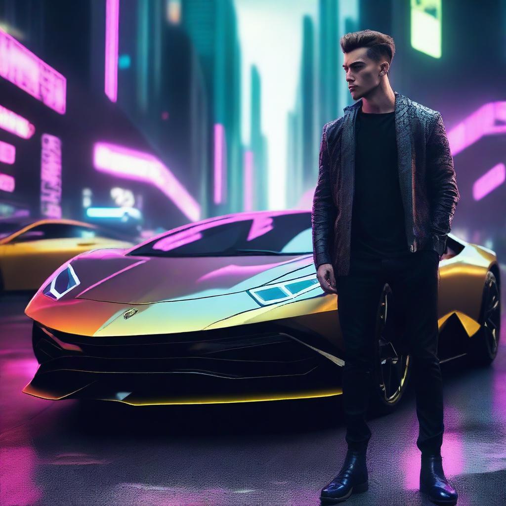 Design a 4k, HD image of a cool, handsome young man alongside a futuristic Lamborghini set in a captivating cyberpunk universe