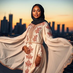 A striking portrait of a woman wearing an intricately designed hijabi abaya