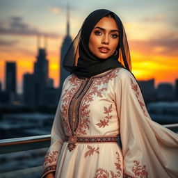 A striking portrait of a woman wearing an intricately designed hijabi abaya