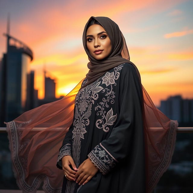 A striking portrait of a woman wearing an intricately designed hijabi abaya