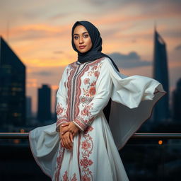 A striking portrait of a woman wearing an intricately designed hijabi abaya