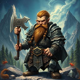 An epic illustration of a dwarf warrior (enano guerrero) set in a fantastical world