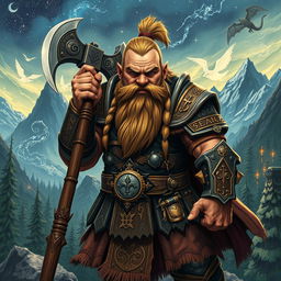 An epic illustration of a dwarf warrior (enano guerrero) set in a fantastical world